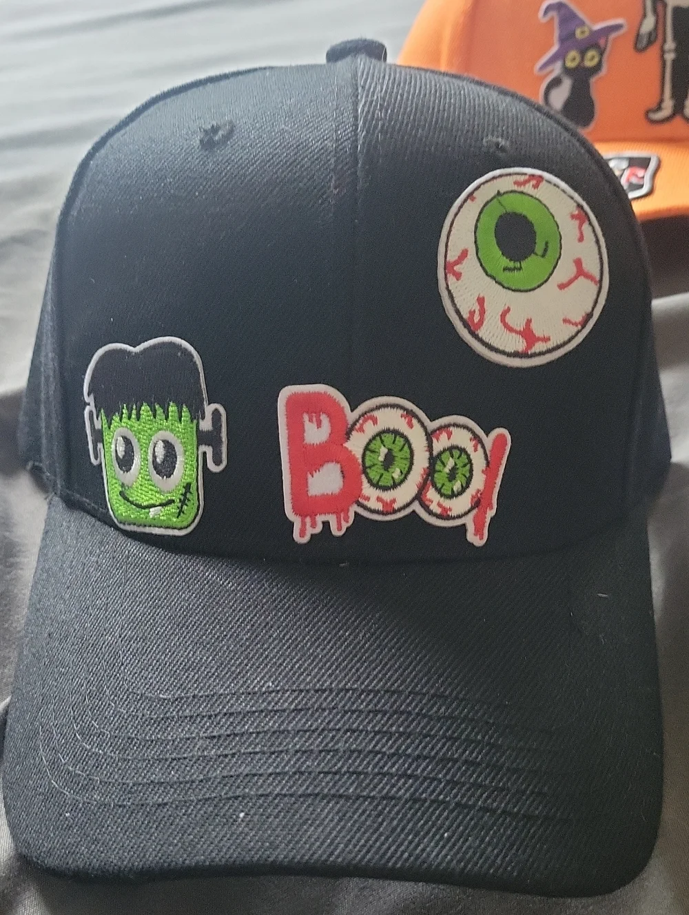 Hsndmade! Kids Black Halloween 'Boo' Patch Cap with Green Monster